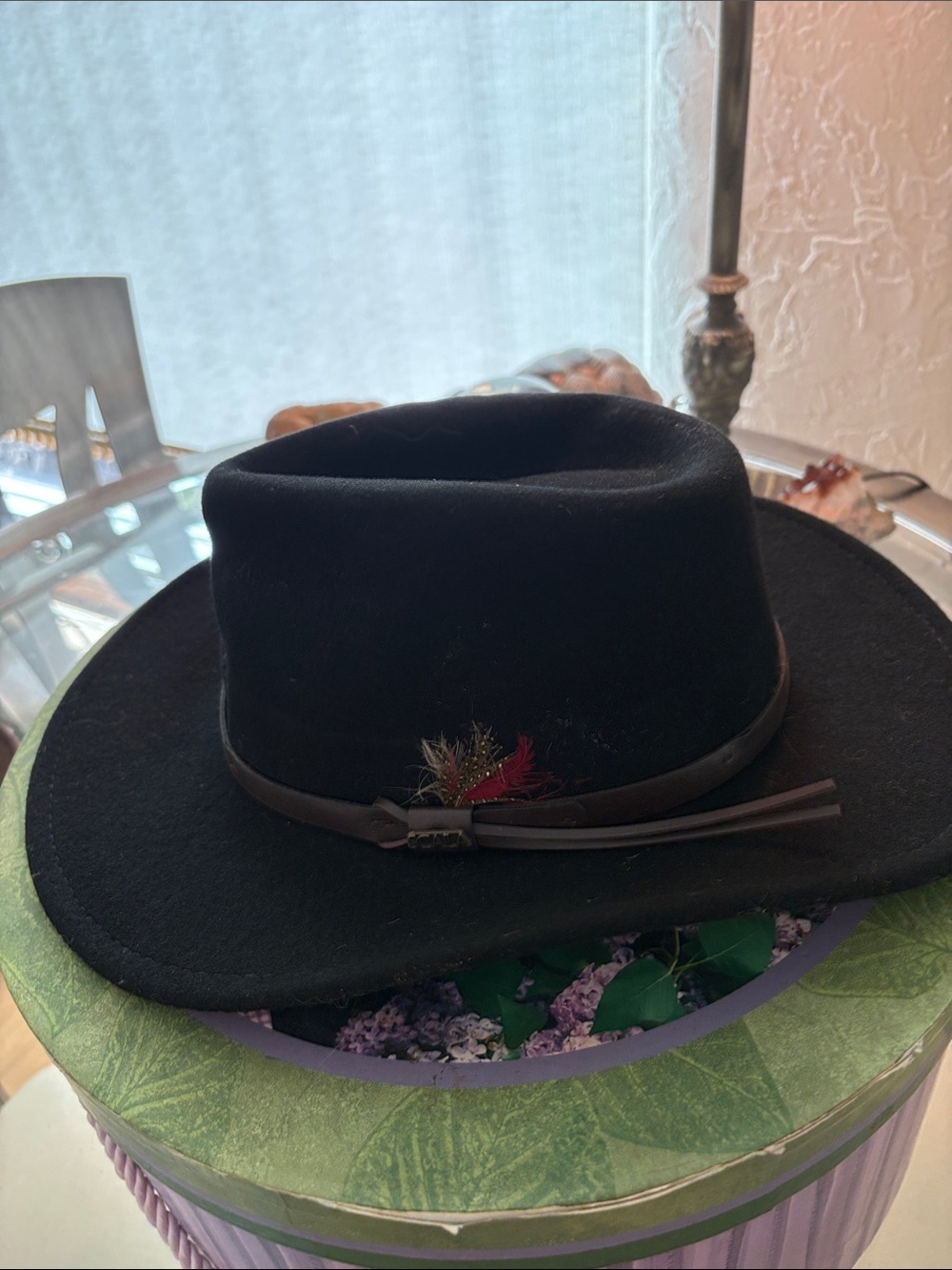 Scala Black Felt Fedora with Slim Brown Band and Feather Accent